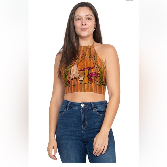 NWOT Lakhays Mushroom Embroidered Halter Top - Picture 5 of 7